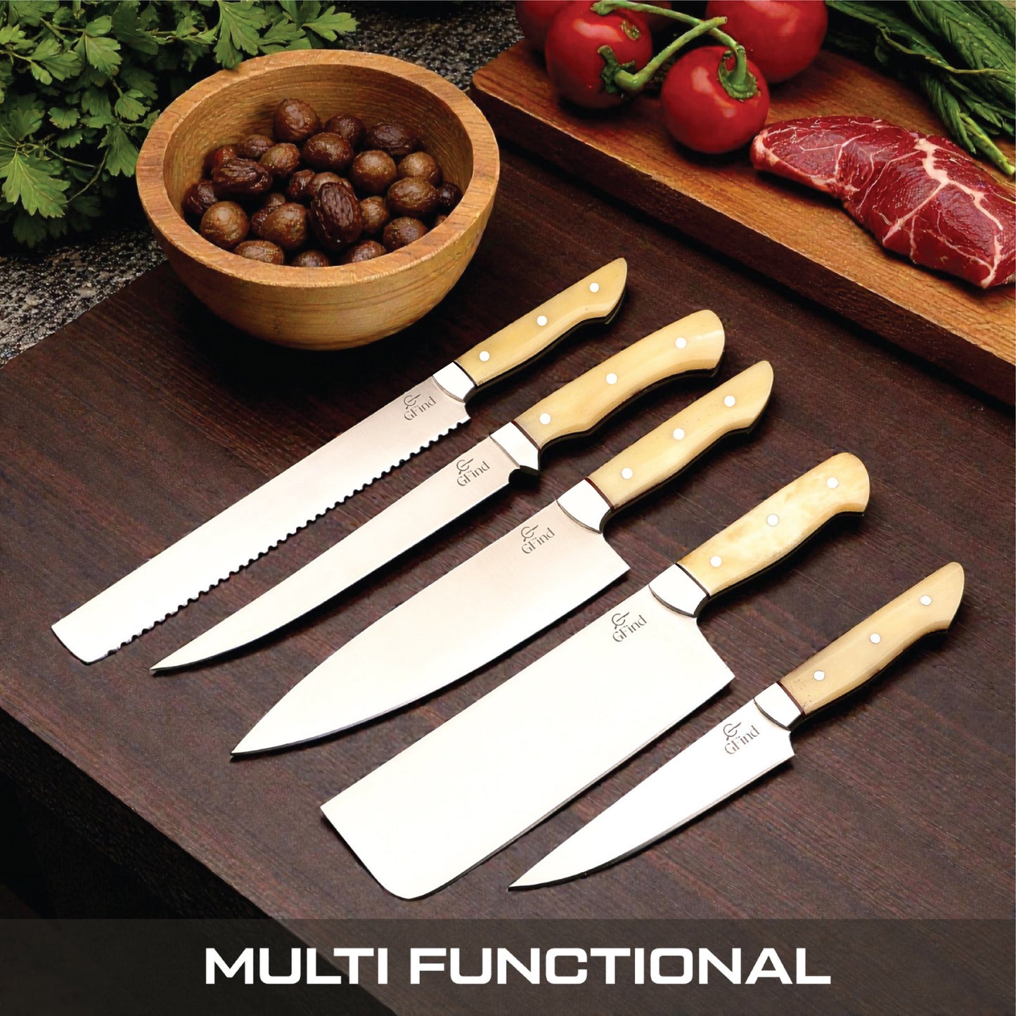 GFind Pro chef knife set – hand-forged 12C27 stainless steel blades with Camel Bone handles