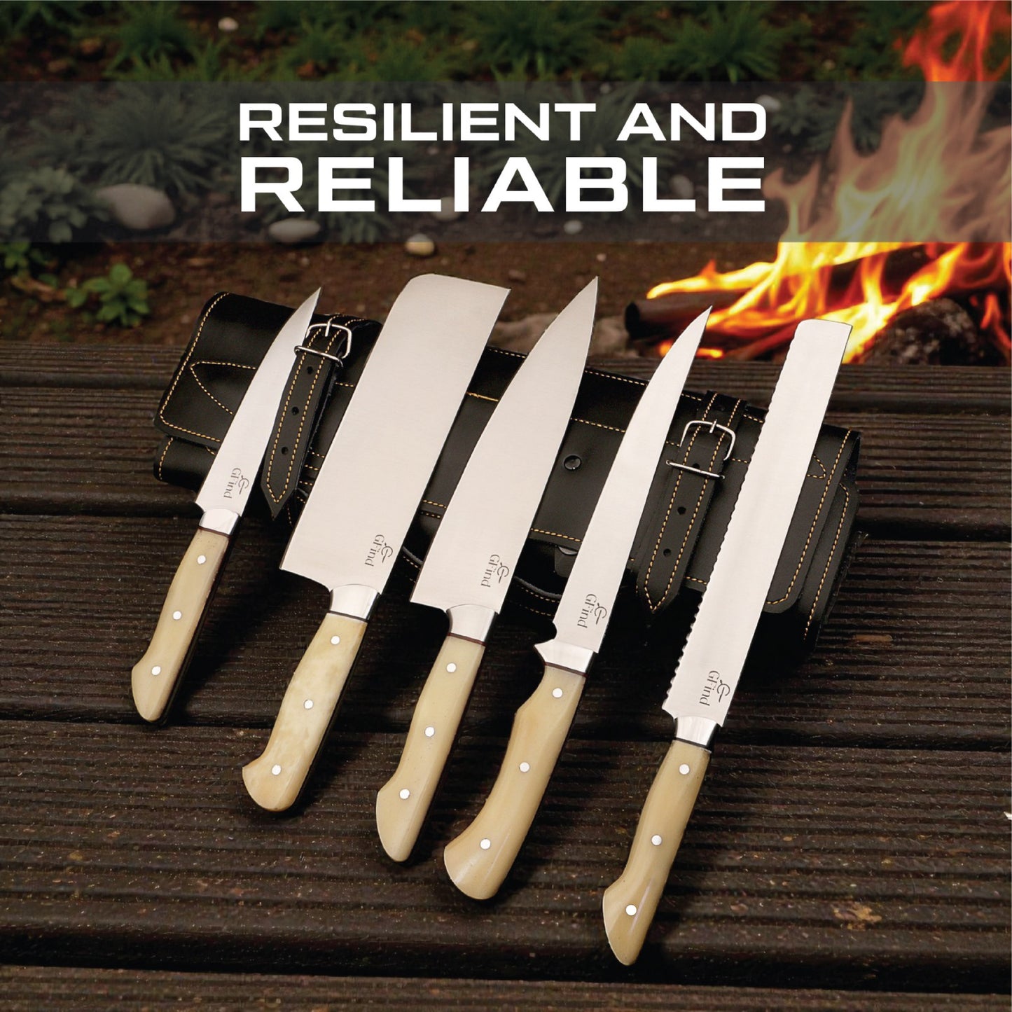 GFind Pro chef knife set – hand-forged 12C27 stainless steel blades with Camel Bone handles