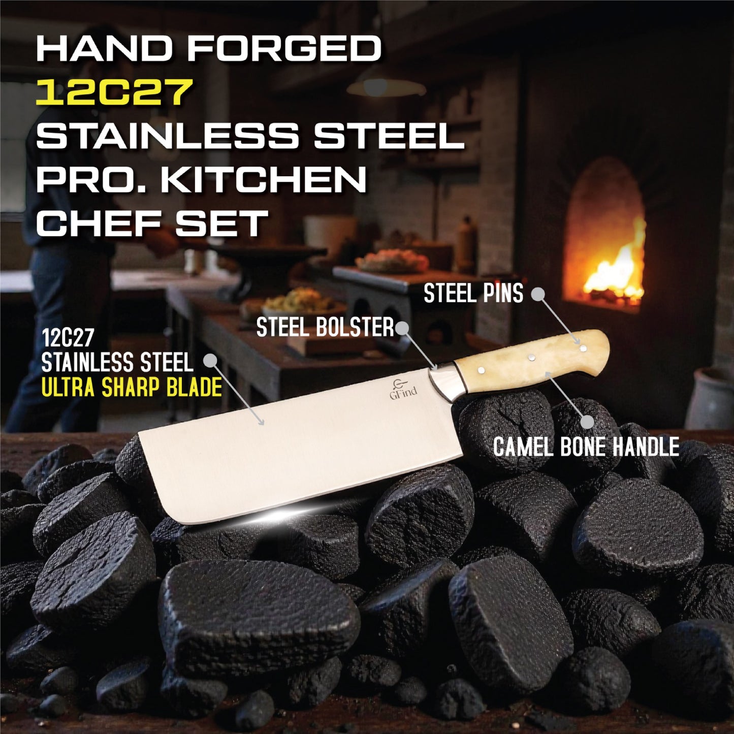 GFind Pro chef knife set – hand-forged 12C27 stainless steel blades with Camel Bone handles