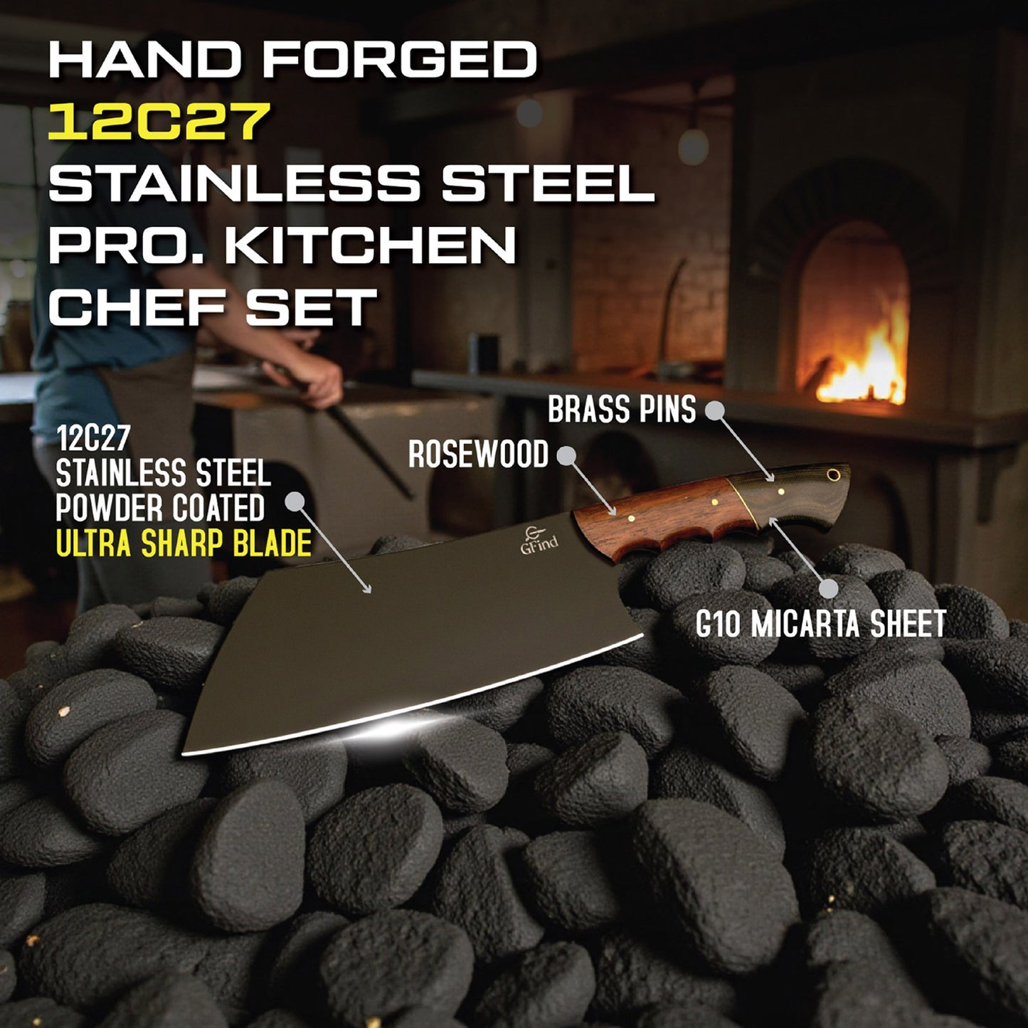 GFind Pro. Kitchen Chef Set | 12C27 Stainless Steel Blade with Powder Coating, Hand-Forged with Powder-Coated Finish