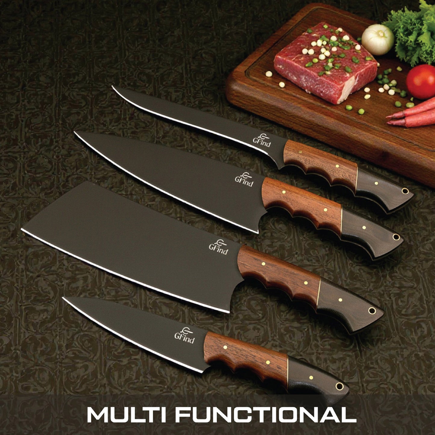 GFind Pro. Kitchen Chef Set | 12C27 Stainless Steel Blade with Powder Coating, Hand-Forged with Powder-Coated Finish