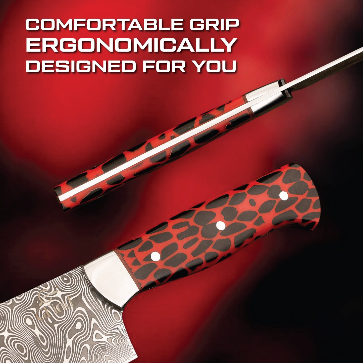 GFind Pro. Kitchen Chef Set | 12C27 Stainless Steel Blade with Etching Style, Hand-Forged with Red Resin Handles