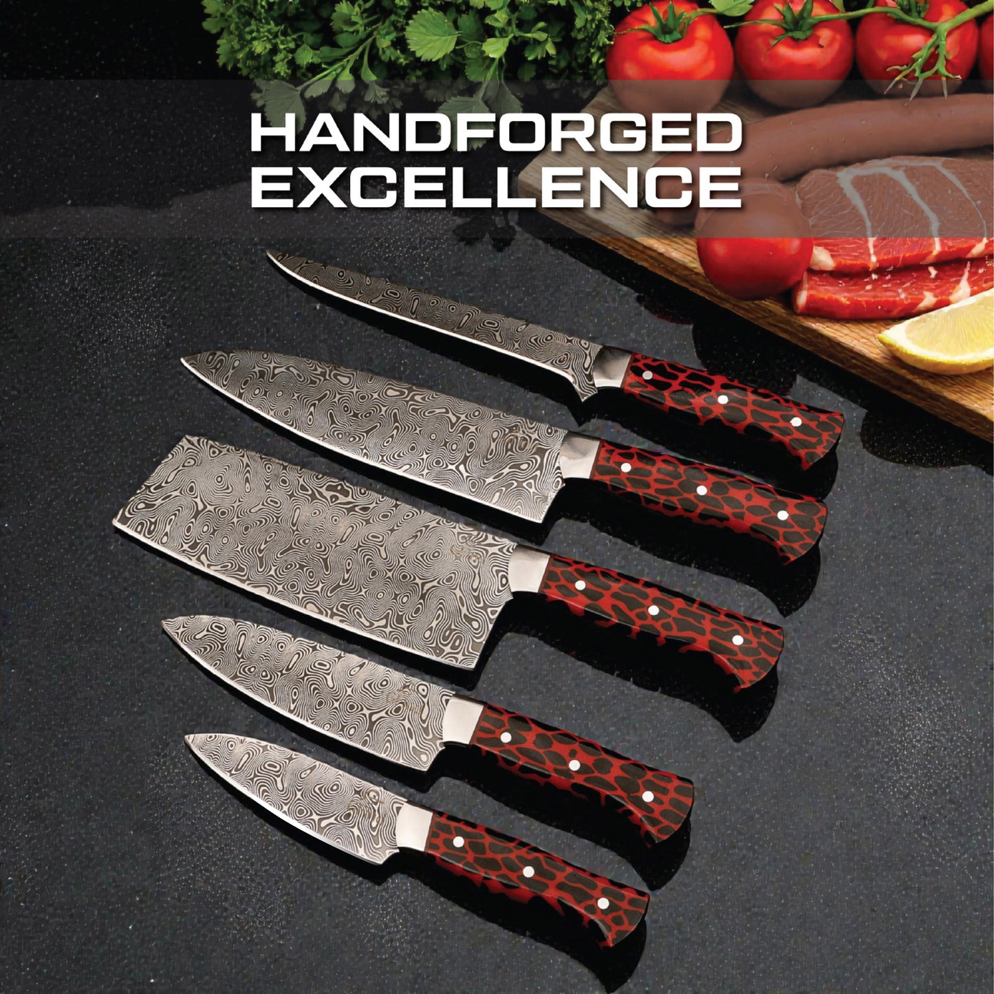GFind Pro. Kitchen Chef Set | 12C27 Stainless Steel Blade with Etching Style, Hand-Forged with Red Resin Handles