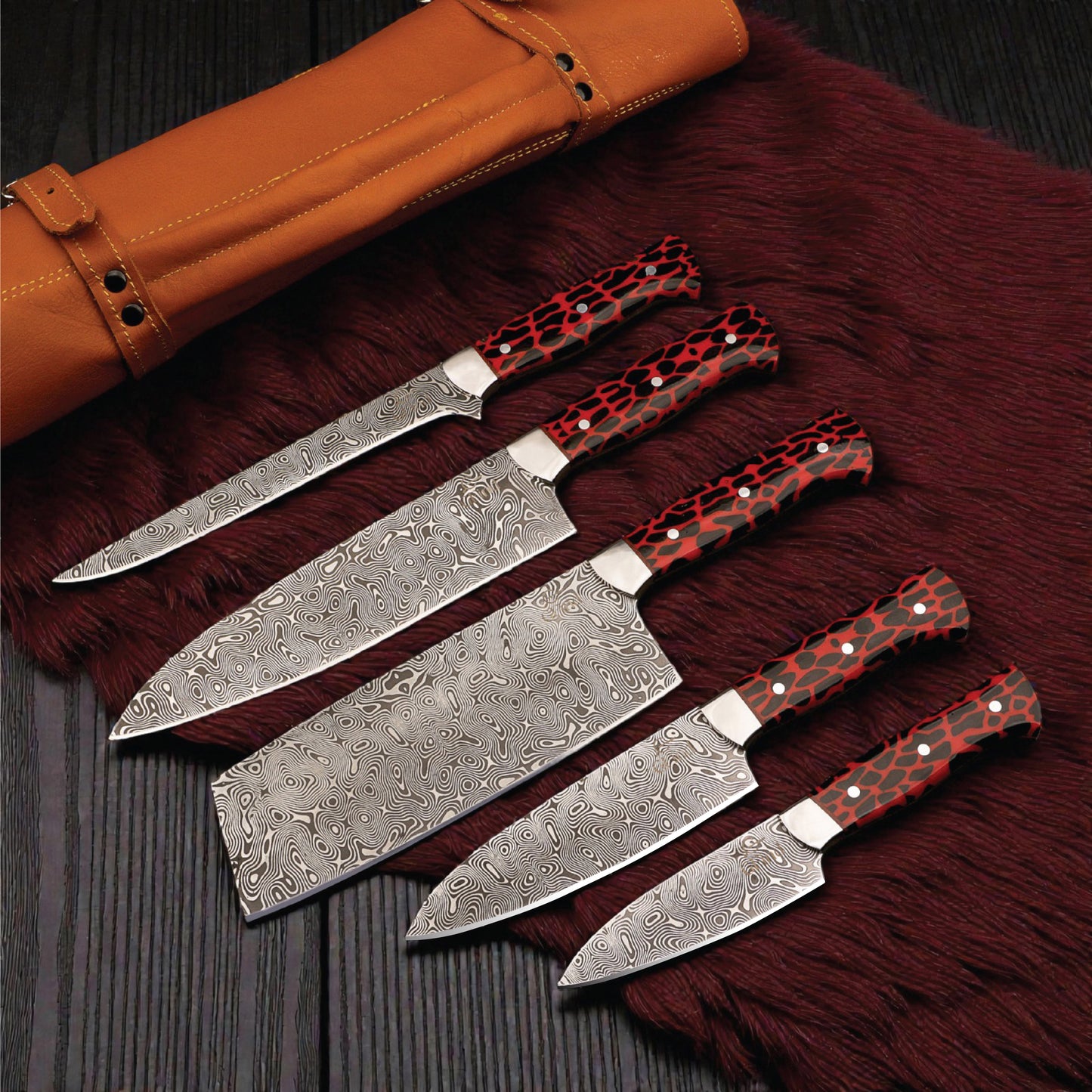 GFind Pro. Kitchen Chef Set | 12C27 Stainless Steel Blade with Etching Style, Hand-Forged with Red Resin Handles