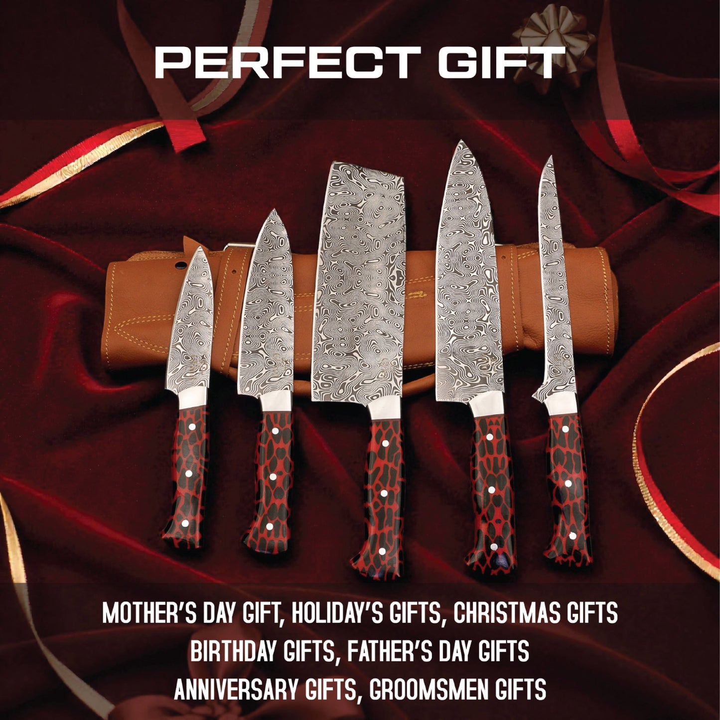 GFind Pro. Kitchen Chef Set | 12C27 Stainless Steel Blade with Etching Style, Hand-Forged with Red Resin Handles
