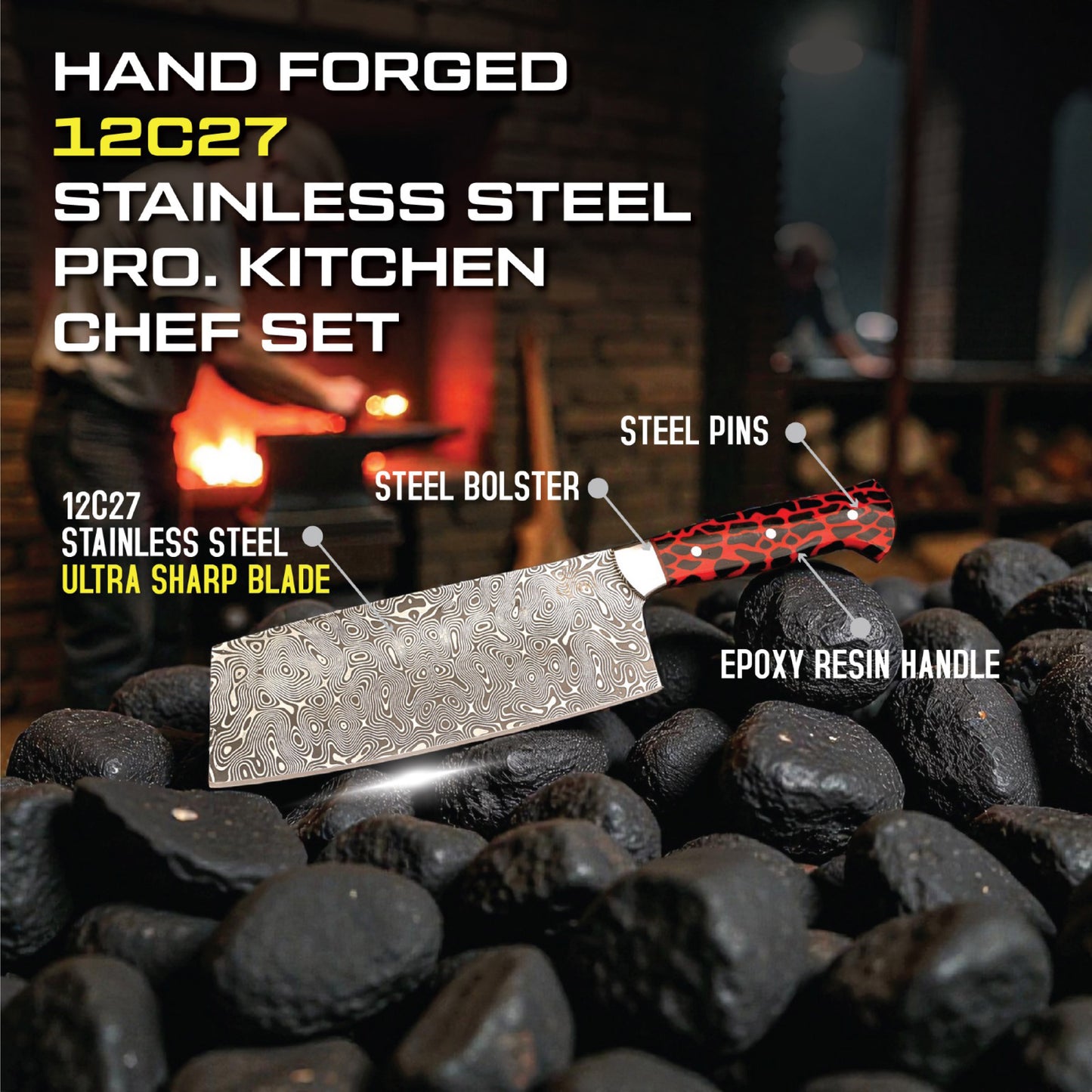 GFind Pro. Kitchen Chef Set | 12C27 Stainless Steel Blade with Etching Style, Hand-Forged with Red Resin Handles