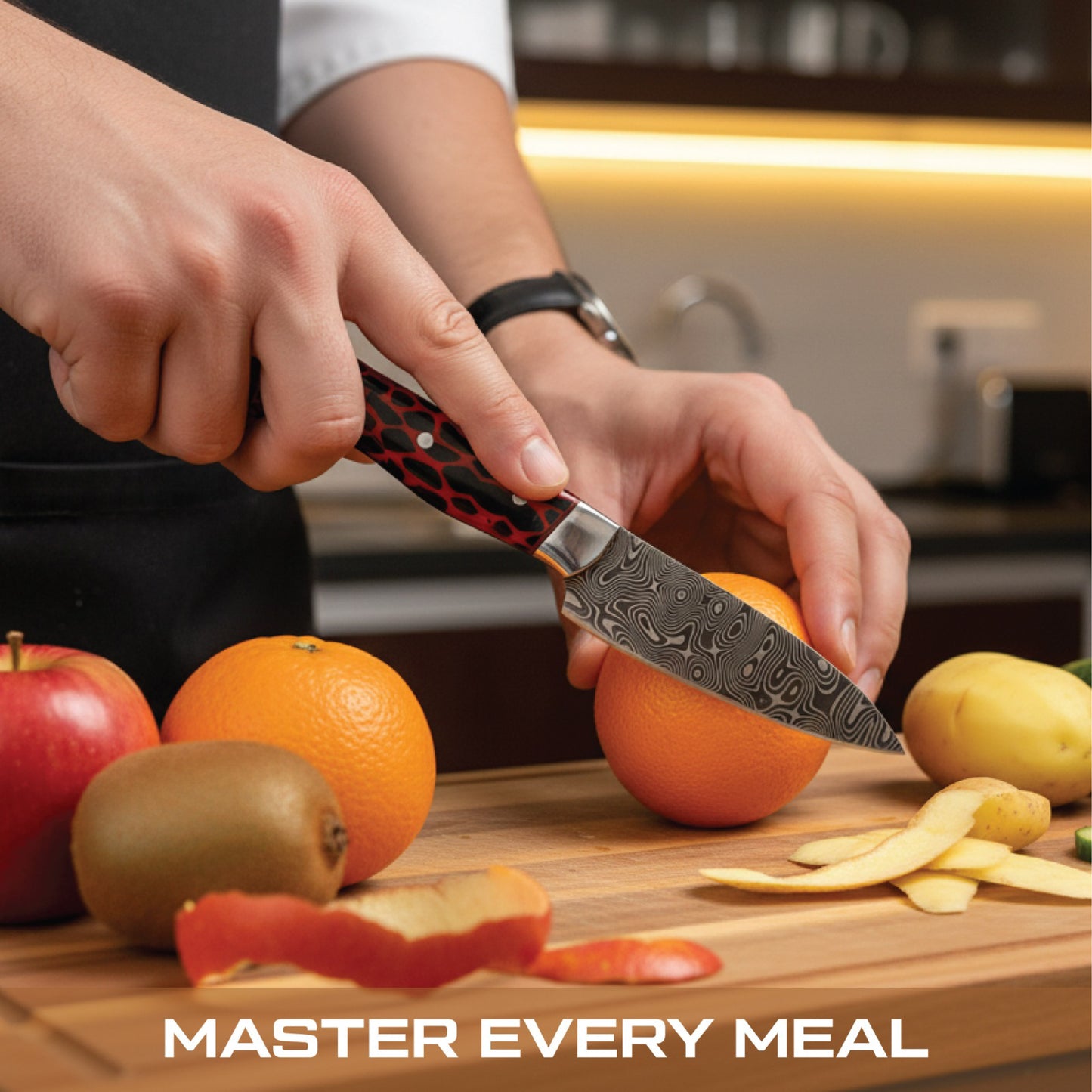 GFind Pro. Kitchen Chef Set | 12C27 Stainless Steel Blade with Etching Style, Hand-Forged with Red Resin Handles