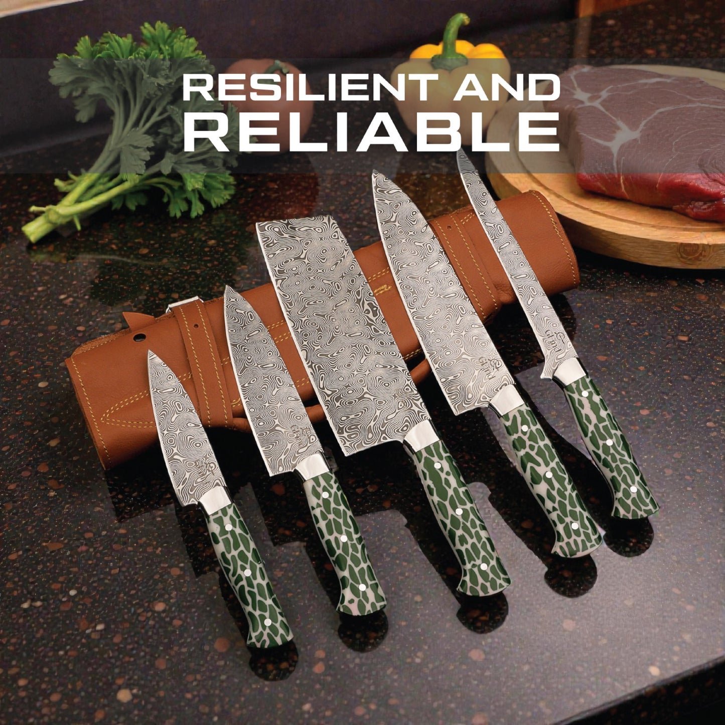 GFind Pro chef knife set – hand-forged 12C27 stainless steel etched blades with green resin handles