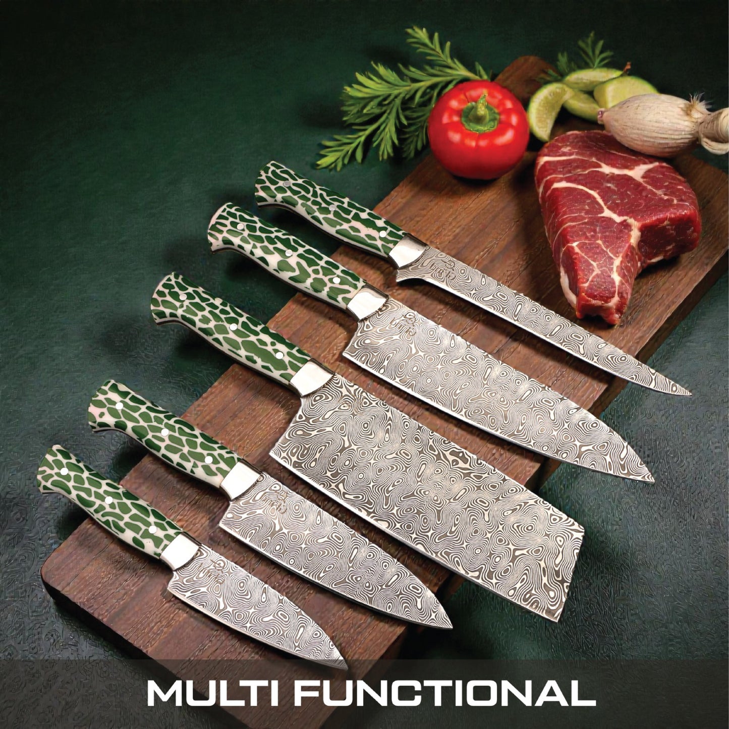 GFind Pro chef knife set – hand-forged 12C27 stainless steel etched blades with green resin handles