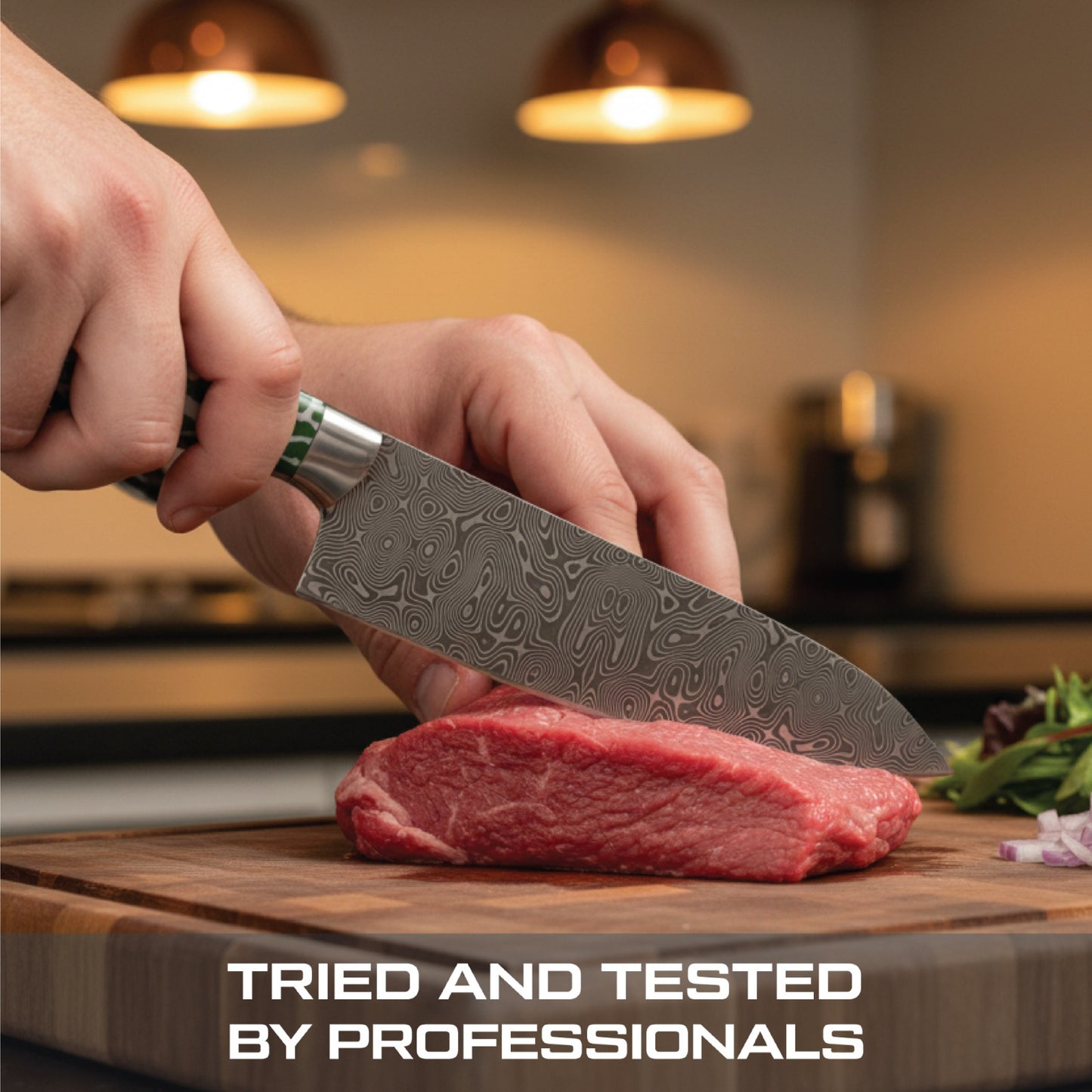 GFind Pro chef knife set – hand-forged 12C27 stainless steel etched blades with green resin handles