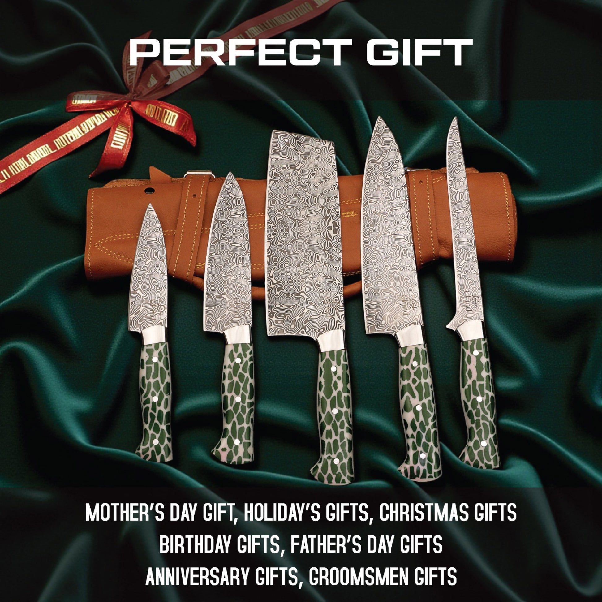 GFind Pro chef knife set – hand-forged 12C27 stainless steel etched blades with green resin handles