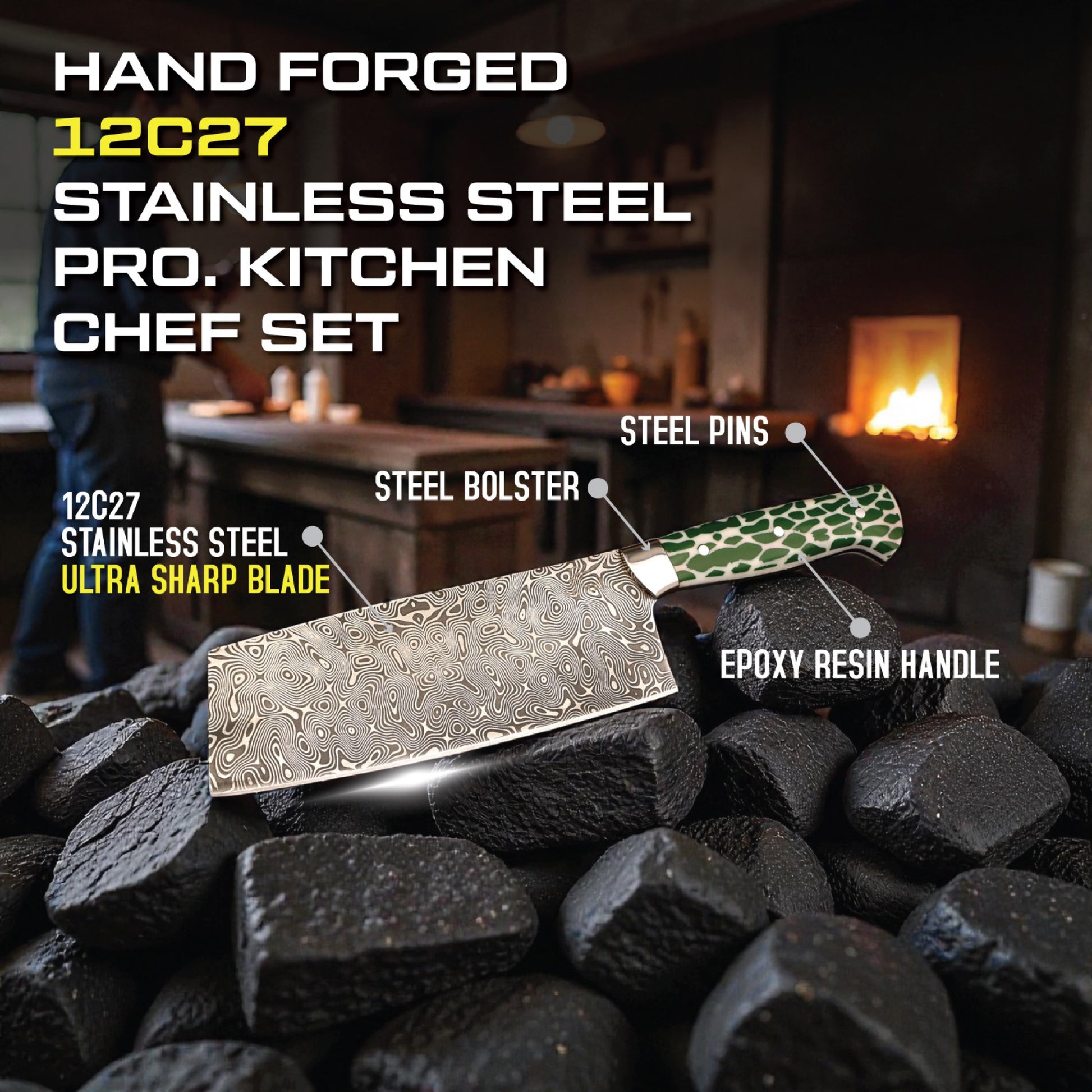 GFind Pro chef knife set – hand-forged 12C27 stainless steel etched blades with green resin handles