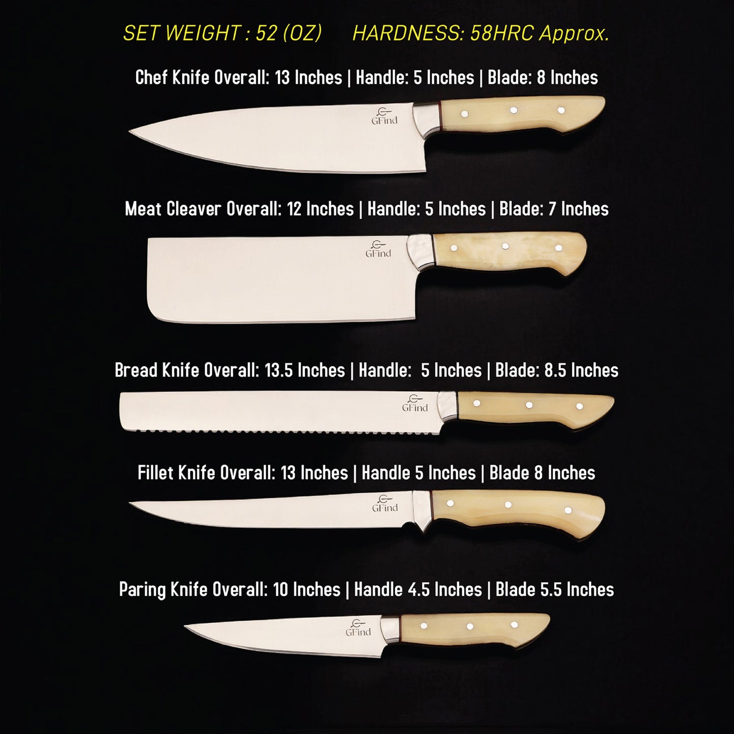 GFind Pro chef knife set – hand-forged 12C27 stainless steel blades with Camel Bone handles