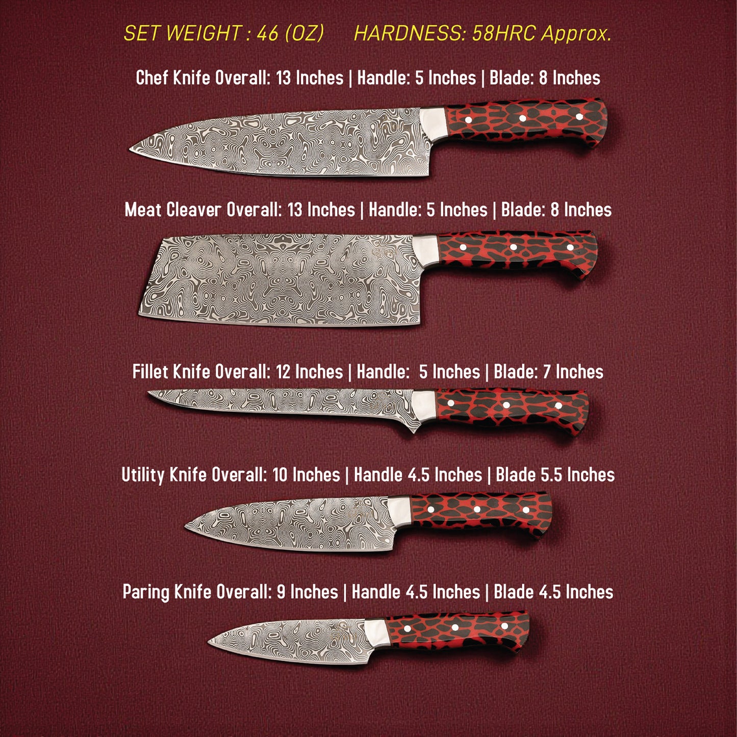 GFind Pro. Kitchen Chef Set | 12C27 Stainless Steel Blade with Etching Style, Hand-Forged with Red Resin Handles