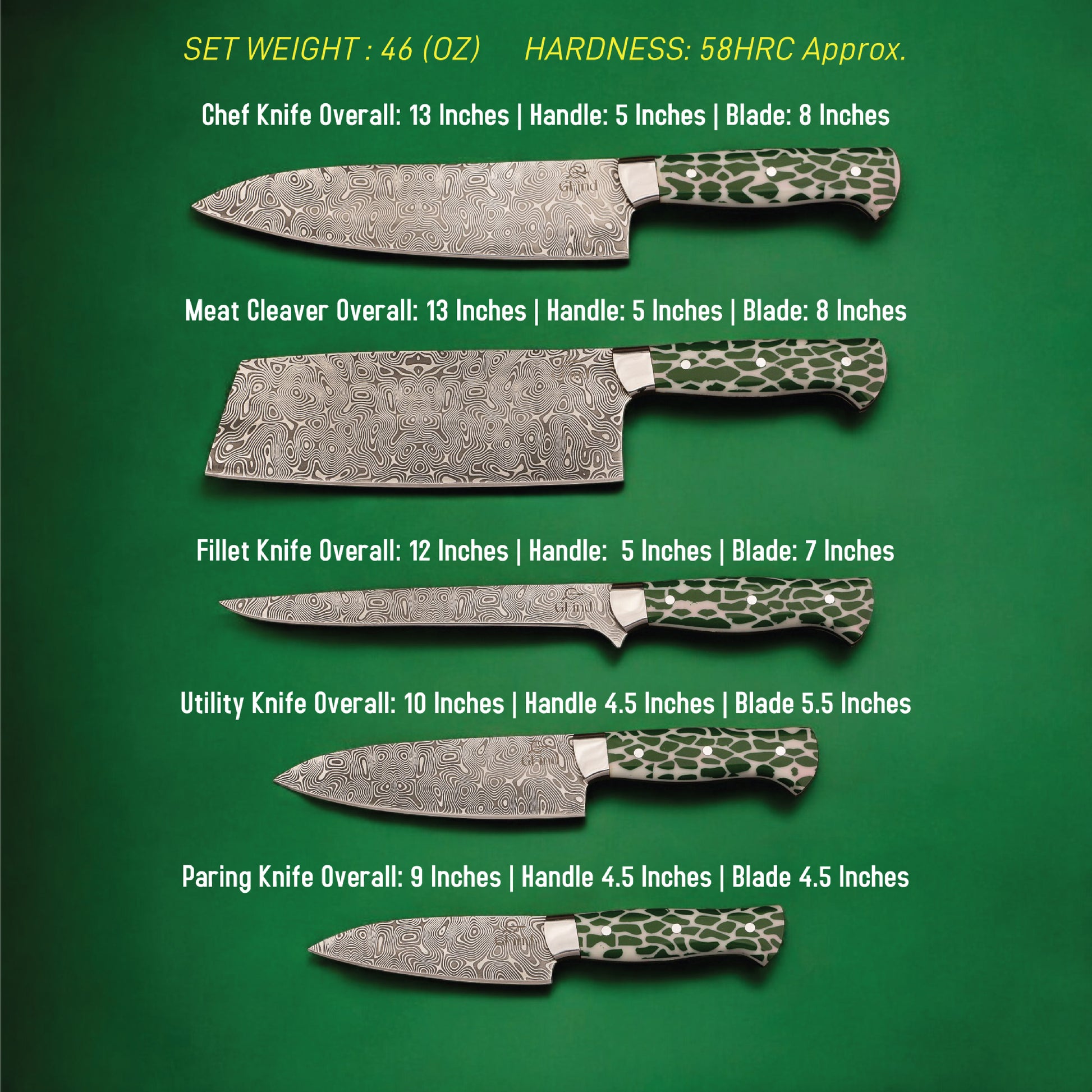 GFind Pro chef knife set – hand-forged 12C27 stainless steel etched blades with green resin handles