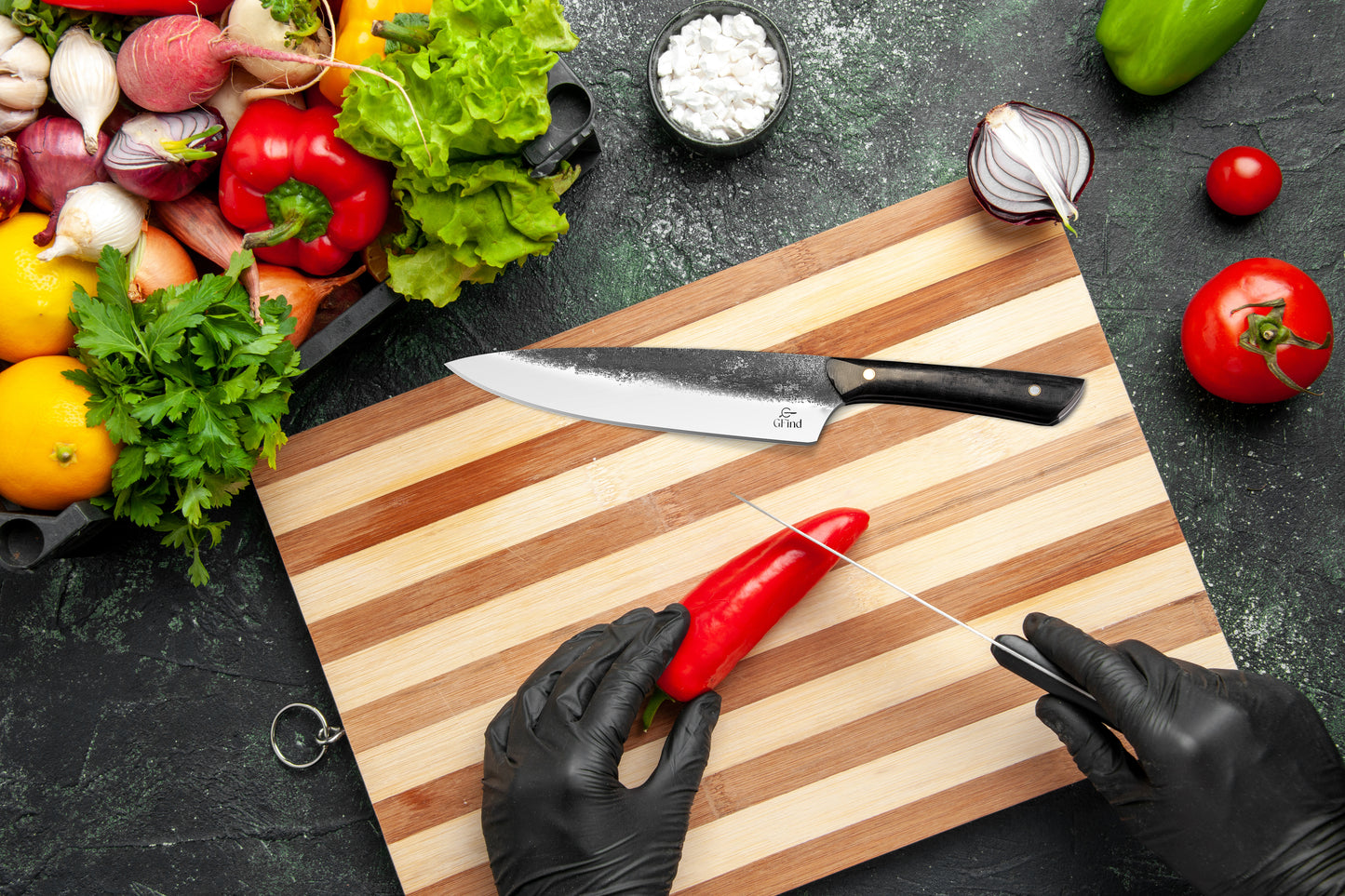 GFind Abrasive Finish Chef Knife , 8" Stainless Steel Blade, G10 Micarta Handle